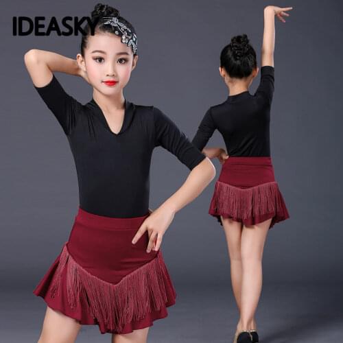 Girls latin dance dress tassel ballroom competition for child long sleeves with fringes kids samba salsa Cha Cha costumes skirt