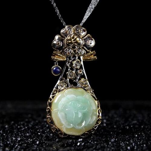 Myanmar Jade Pendant And Brooch Dual-use S925 Sterling Silver Enamel Jewelry Retro Thai Silver Jewelry Wholesale