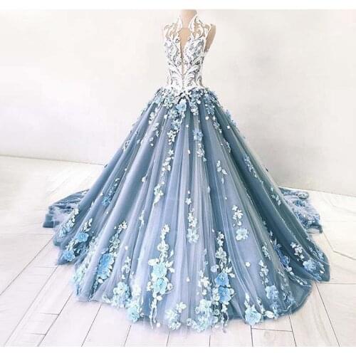 Stunning Blue Ball Gown Evening Dresses Illusion Top Lace Appliques 3D Flower Celebrity Gowns Tiered Tulle Long Prom Dress 2019