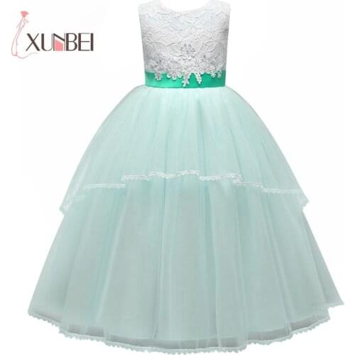 Princess Pink Mint Ball Gown Appliqued Flower Girl Dresses Tulle Girls Pageant Dresses First Communion Dresses