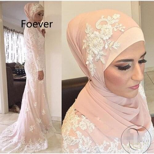 Mermaid High Neck Long Sleeves Lace Appliques White Lace Appliques Islamic Dubai Abaya Kaftan Hajib Muslim Evening Dresses