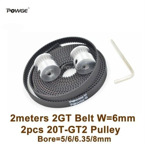 POWGE 2pcs 20 Teeth GT2 Timing Pulley Bore 5/6/6.35/8mm + 2M GT2 Timing Belt W= 6mm 20Teeth 20T 2GT Pulley 3D Printer Parts