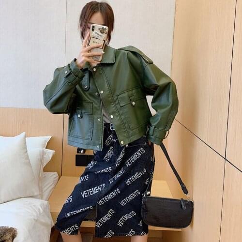 2021 New Spring Autumn Women Slim Faux Leather Jacket Zipper Pockets Motorcycle PU Leather Coat Black Biker Jackets Outerwear