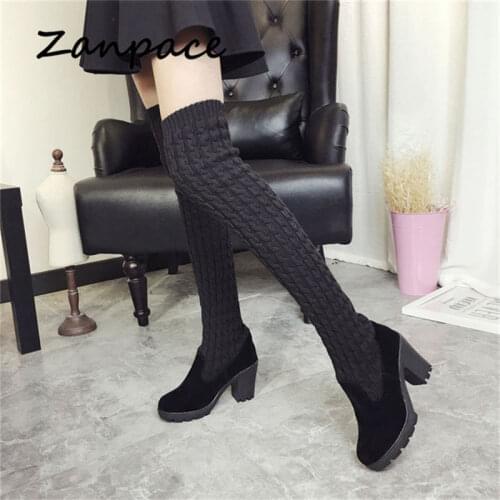 2021 Winter Warm Women Boots Ladies Knee High Shoes Thick Knitted High Heel Boots Round Top Women High Boots Big Size 35-40
