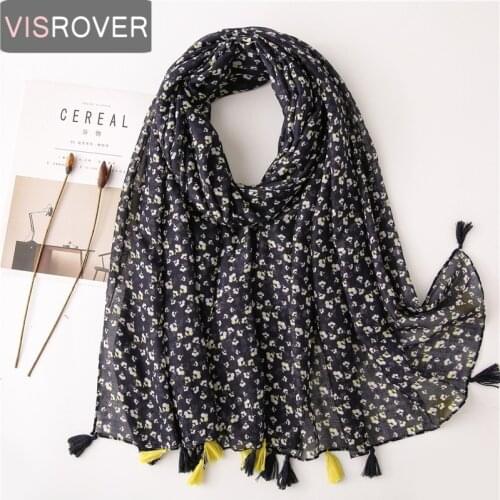 Visrover New Summer Tropical Beach Scarves Shawl Black Floral Print Scarf Japanese Style Boho Women Scarfs With Tassel Wholesale