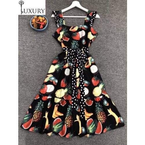 Fashion New 2020 Summer High Quality Ladies Spaghetti Strap Tropical Fruits Print Sleeveless Mid-Calf Casual Sun Dress