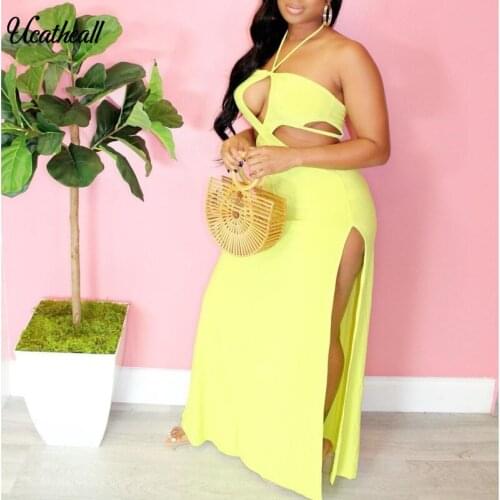 Women Halter Sexy Backless Dress 2021 Summer Strapless Hollow Out Beach Maxi Long Dresses Ladies Solid Split Party Vestidos