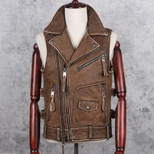 2020 Vintage Brown Men Bikers Large Size 5XL Genuine Thick Cowhide Autumn Slim Fit Short Motorcycle Leather Vest