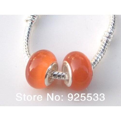 Free Shipping 50pcs 8x14mm silver plated core Big Hole cat eye orange Glass Beads fit European Jewelry Bracelet Charms DIY