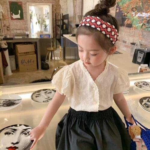 3-11y Children Shirts Summer Kids Girls Blouses Cotton Short-Sleeved Clothes Lace V-Neck Solid Casual Tops Princess Clothing y40