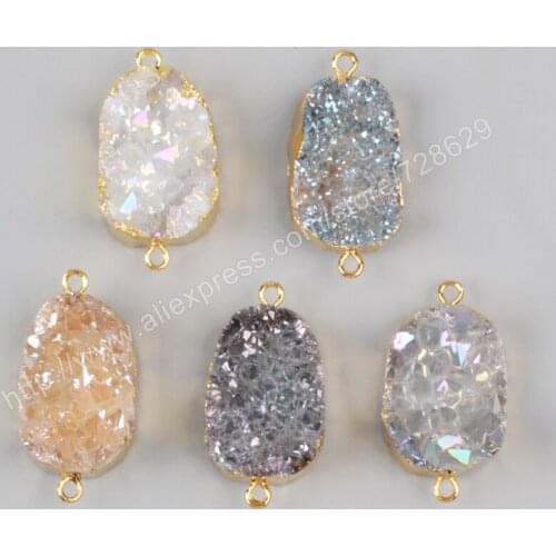 BOROSA Gold Color Natural Crystal Quartz Titanium Mix Color Druzy Geode Connector Double Bails for bracelet gems jewelry G1036