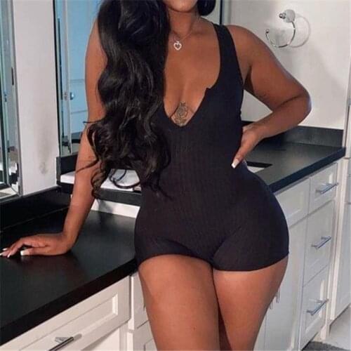 DSMTRC Summer Streetwear V Neck Bodycon Romper Women Sleeveless Grey Black Rompers Female Casual Short Jumpsuit Outfits Women
