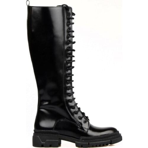 FootCourt- Black Knee High Boots Chunky Platform Genuine Leather Retro Punk Round Toe Height Long Gothic Boots Woman Lace up New