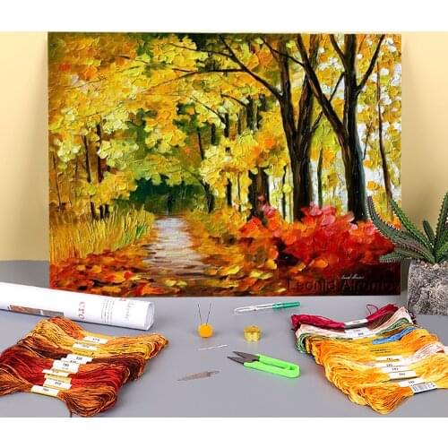Oil Painting Style Fall Park Printed 11CT Cross-Stitch Embroidery Set DMC Threads Knitting Needlework Handiwork Sales