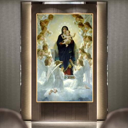 Citon Canvas William Adolphe Bouguereau《The Virgin with Angels》Oil painting Art Poster Picture Modern Wall Decor Home Decoration