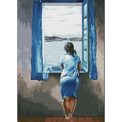 Muchacha en la ventana Sewing kit Top Quality Needlework Embroidery DIY Cross Stitch Kit 14CT Unprinted Decor Handmade