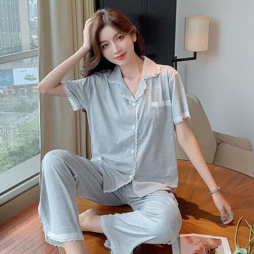 Fdfklak Korean 3 Piece Summer New Pyjama Short Sleeve Sleepwear Pajamas Suit Female Homewear Thin Comfort Night Suit Set
