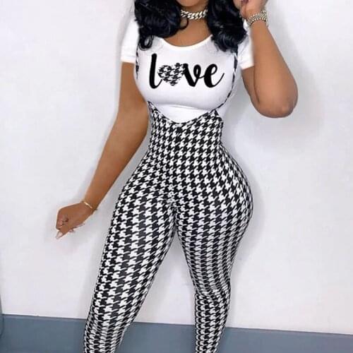 TNNAOFF Plus Size Two Piece Tracksuits Women Set Letter Short Sleeve T Shirt Sexy Houndstooth Jumpsuits Overalls Matching Sets
