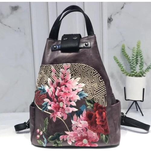 High Quality Leather Backpack Women Shoulder Bags 2021 Handmade Embroidery Travel Backpack School Bags for Girls Bagpack Mochila