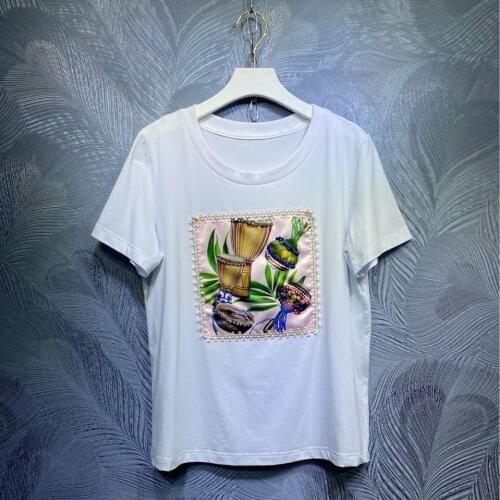 Summer 2021 Runways Womens High quality 100%Cotton beading T-shirts Fashion print women Tee tops C582