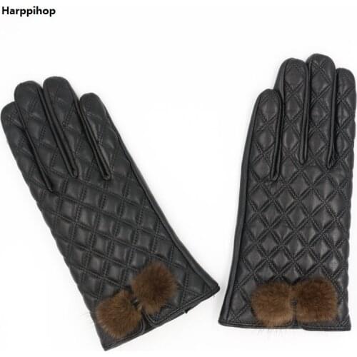 2017new fashion ladies leather gloves sheepskin thickening warm plus cashmere touch screen high quality mink ball leather gloves
