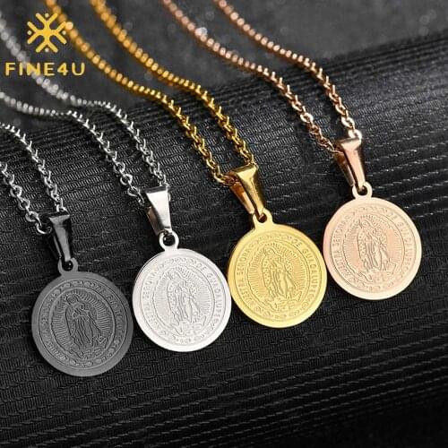 FINE4UStainless Steel Our Lady of Guadalupe Virgin Mary Oval Medal Necklace for Men Women Religious Christian Jewelry N01870