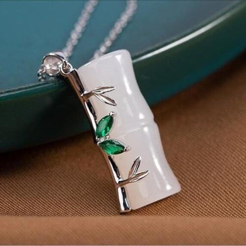 Silver inlaid Hetian white jade bamboo Pendant Necklace Chinese style retro elegant charm minority design womens brand jewelry