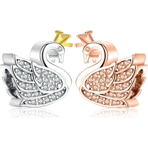 Fit Original Pan Rose Silver Color Crown Swan Charms Bracelet Women Clear CZ Cute Bird Beads for Jewelry Making Bangle Wholesale