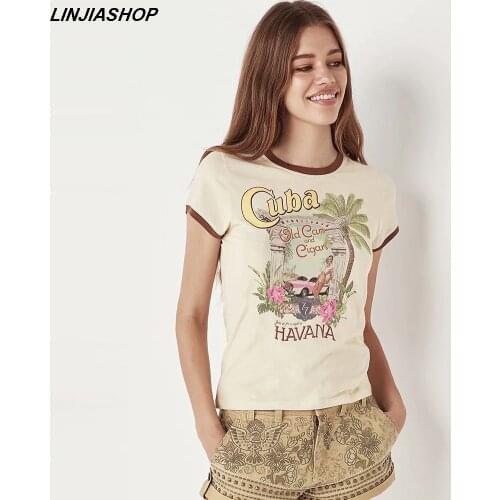 Casual Beige T-Shirt Women O Neck Coconut Tree Short Sleeve Apricot Tshirt Summer Tops Bloggers Sweatshirt Designer Vestidos