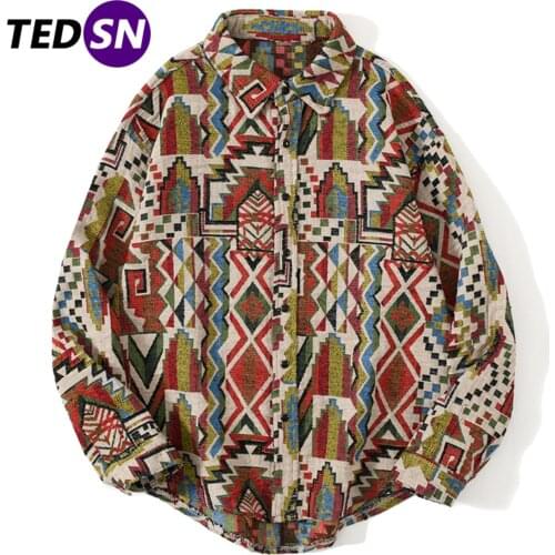 Geometric Patterns Long Sleeve Shirts 2020 Harajuku Casual National Style Knitted Shirt Autumn Streetwear Loose Cotton Tops Tees