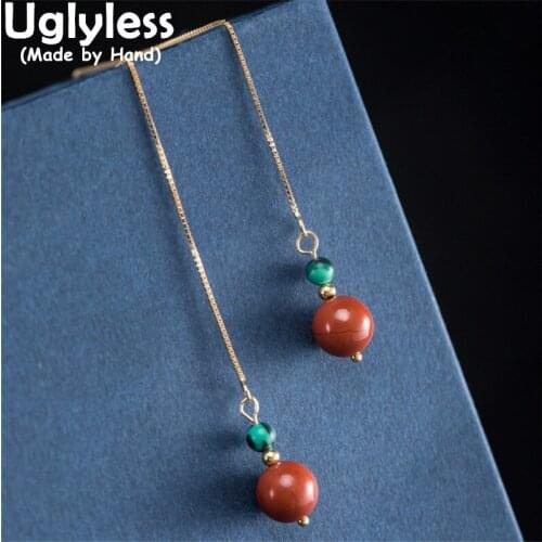 Uglyless Red with Green Simple 10CM Long Ear Lines for Women Candy Balls Natural Agate Earrings 925 Silver Brincos Fashion Jewel