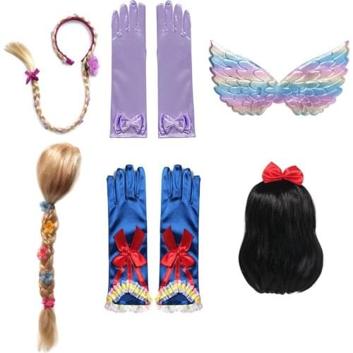 VOGUEON Girls Rapunzel Snow White Mermaid Jasmine Wig Braid Children Rainbow Wing Gloves Party Accessory Kids Halloween Costume