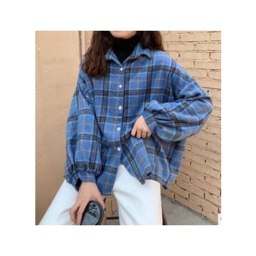 1pcs/lot Women Blous Turn-down Collar Spring Shirts Plaid All-match Batwing-sleeve Loose Outwear blouse