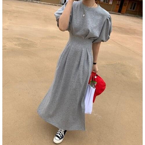 Spring Summer New Casual Casual sports Sweashirt Dress Women Chic Ruched Puff sleeve Pleated Waist Solid Split Long Dresses