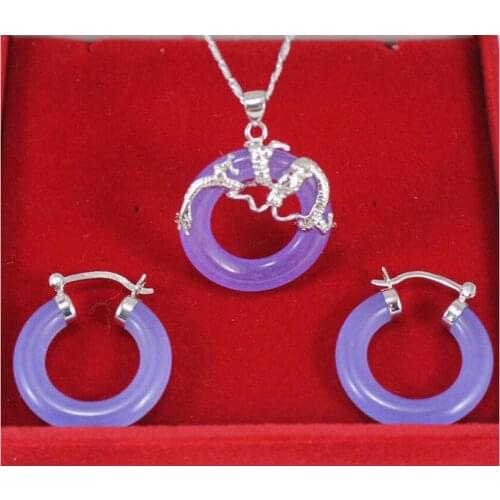 25mm purple Fashion Jade stone dragon pendant hood earring Jades Jewelry set