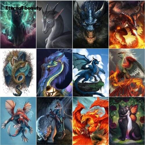 Diamond Painting Fantasy Dragon Modern Mythical Beast and Girl Diy 5D Diamond Painting Giant Cat Pattern Cross Stitch Kit Mosaic