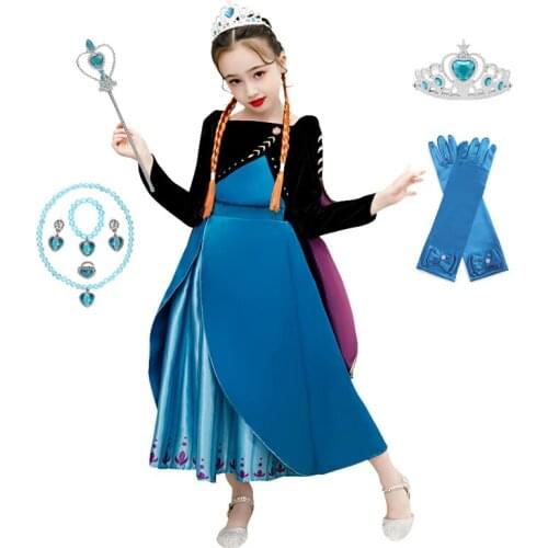 Anna 2 Dress Girls Princess Set Christmas Cosplay Frozen Birthday Party Sky Blue Princess Costume for Kids Vestidos
