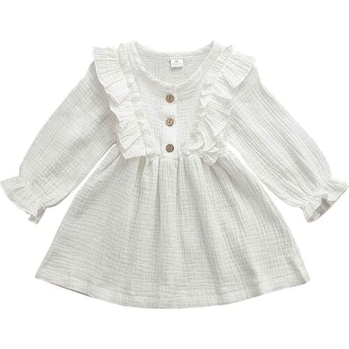 Baby Kids Children Girls Solid Dress Long Sleeve O Neck Button Draped Infant Toddler Summer A Line Dresses Baby Clothes 6M-5T