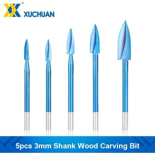 Milling Cutter 5pcs 3mm Shank Wood Carving Bit 3/4/5/6/8mm Wood Engraving Drill Bit Nano Blue Coated Woodworking Drilling Tools