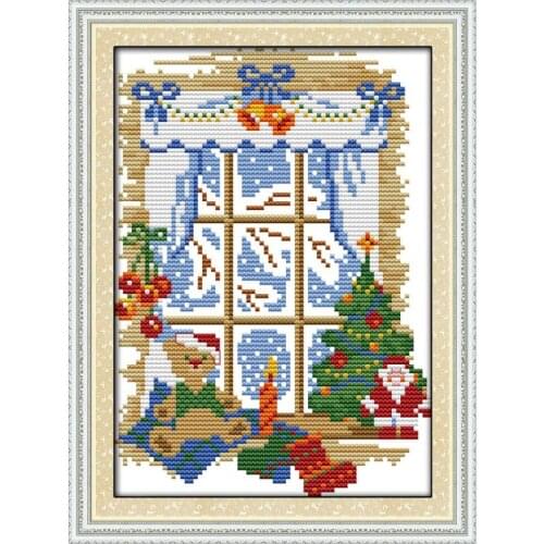 Joy Sunday Cross Stitch Set Christmas Out Of The Window Patterns Canvas Printed DMC Cross Stitch Kits Home Decoration Send Gift
