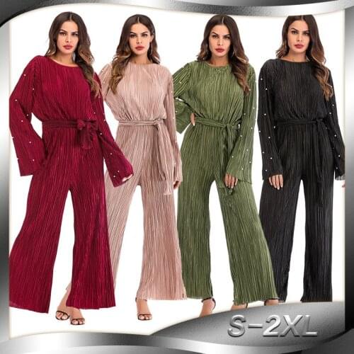 Muslim Pleated Rompers Women Dubai Turkey Beaded Lace-up Abaya Hijab Sets Jumpsuit wide leg pants Kaftan Islam Islamic Clothing