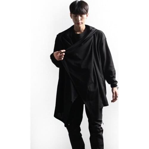 Mens T-shirt hooded cardigan coat thin asymmetric personality casual fashion loose large size coat T-shirt