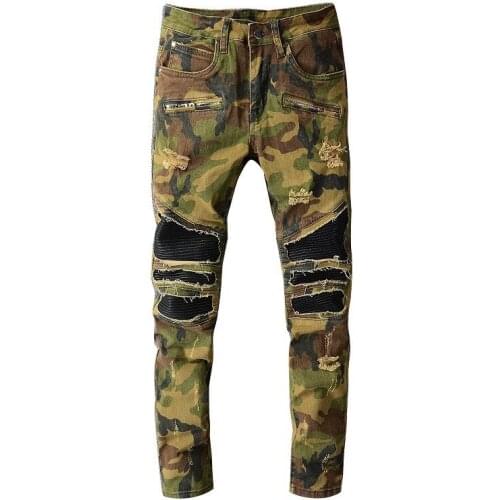 ERENEJIAN Mens Fashion Camouflage Biker Jeans Leather Patchwork Slim Fit Motorcycle Racer Denim Trousers Brand Designer Bottoms