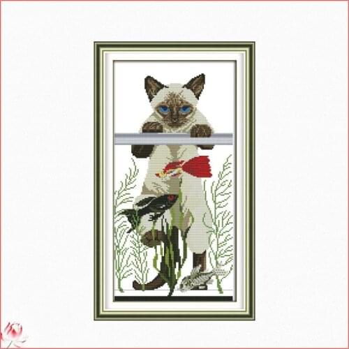 A Cat And Fishs Printed Cross Stitch Kit 14CT 11CT Canvas Fabric Animal Embroidery Kit DIY Pattern Sewing Set Home Decoration