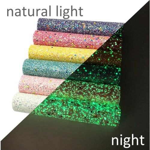 New 6Pcs/Set 20*33cm Glow in the Dark Chunky Glitter Fabric Synthetic Leather Sequins Bag Shoes Handmade Phone Case DIY,1Yc7398