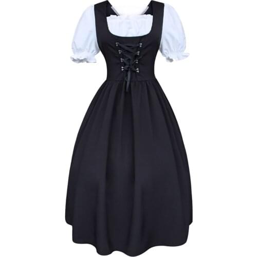 Women Medieval Costume Dress Short Sleeve Doll Collar Retro Maid Dress Cute French Maid Outfit Cosplay Party Festival Dresses