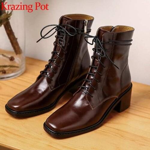 Krazing pot 2020 hot saling genuine leather square toe Chelsea boots high heels winter season lace up superstar ankle boots L3f2