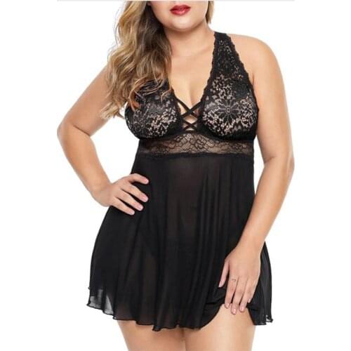 Sexy Erotic Lingerie Women Lace Hollow-out Halter Night Dress Plus Size Pijama Sleepwear See Through Underwear Night Gown 6XL