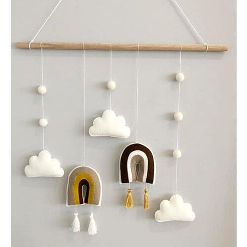 Nordic Kids Room Wooden Stick Rainbow Felt Ball Hanging Pendant Home Wall Decor