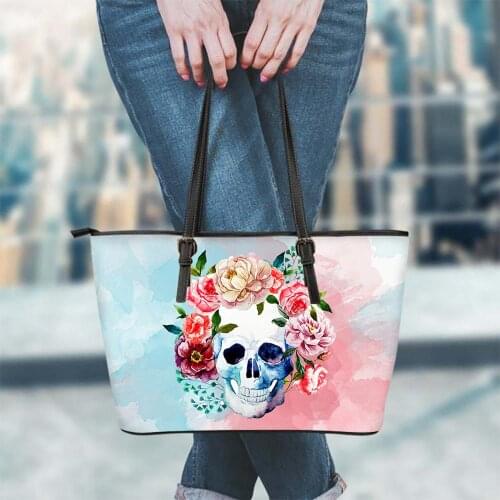 FORUDESIGNS Women Shoulder Bag Leather Handbag Cool Sugar Skull with Flower Printed Ladies Fashion Top-Handle Bag Sac Femme